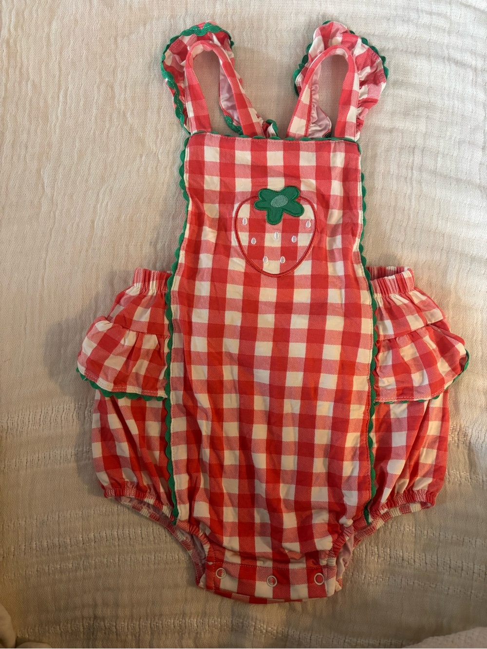 Angel Dear red and white gingham ruffle sunsuit with strawberry size 12-18month
